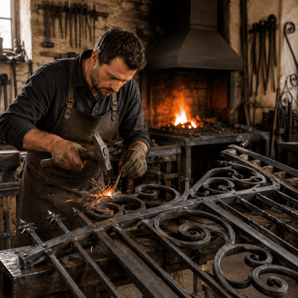 Illustration réaliste d'un artisan travaillant le métal dans son atelier.